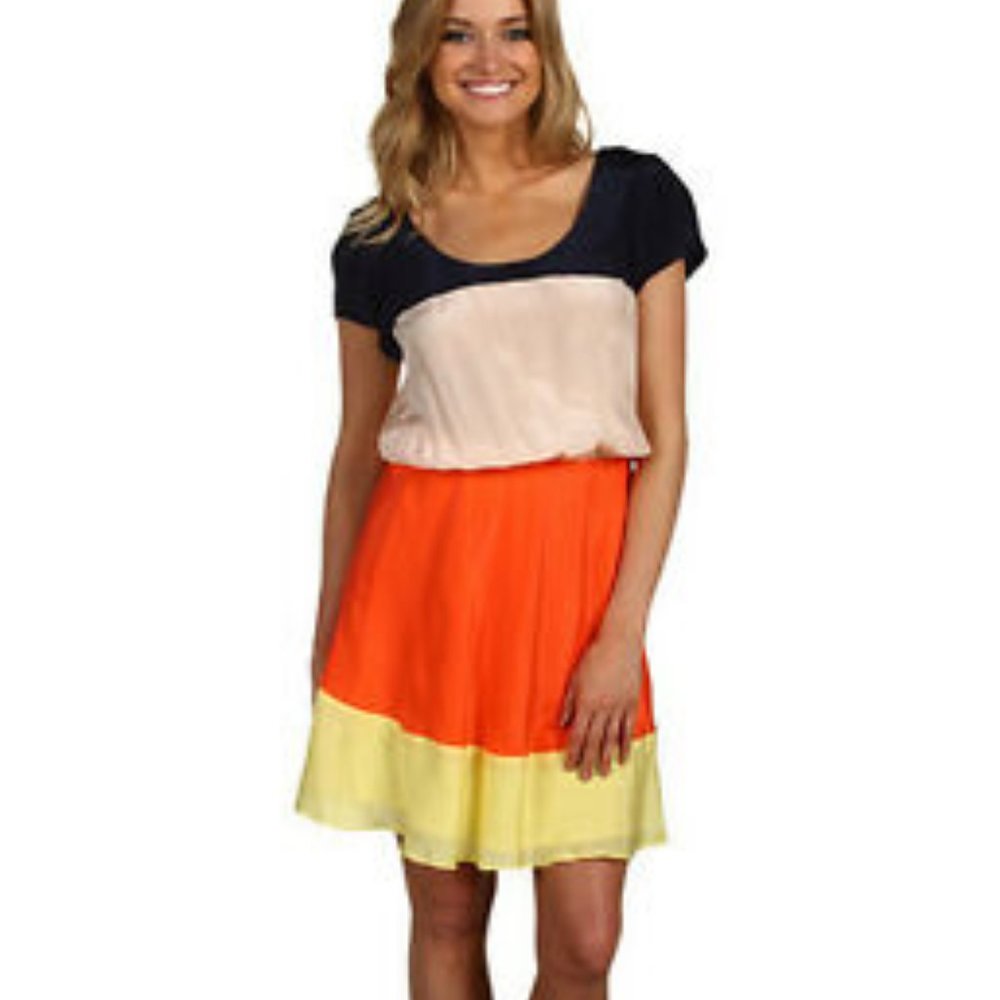 Julie Dillon Women's Silk Color Block Blue, Orange, Yellow, Beige Dress